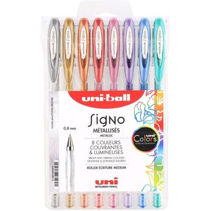 Pochette de 8 Rollers SIGNO Pointe Moyenne Assortis Métalliques UNI-BALL