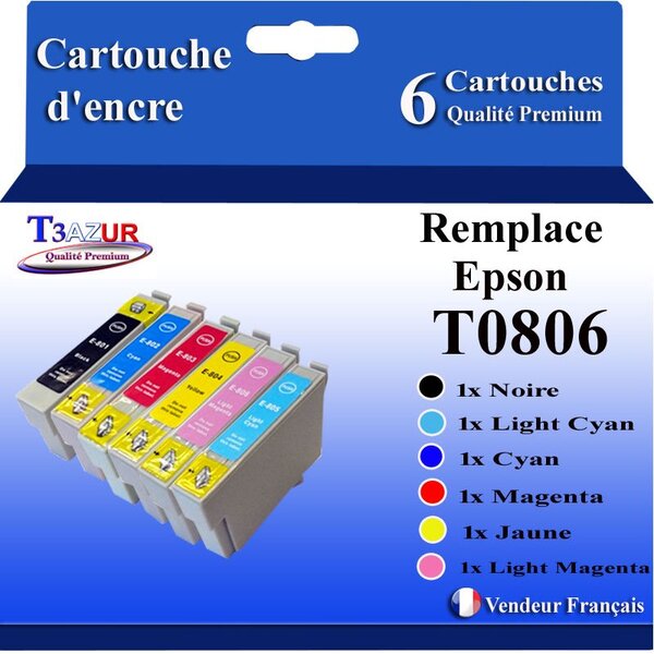 T3AZUR- 6x Cartouches Compatibles avec Epson T0801 T0802 T0803 T0804 T0805 T0806  remplace Stylus Photo R265 R360 R285 P50 R685 RX560 RX585 RX685 PX700W PX710W PX800FW PX810 PX650 Noire