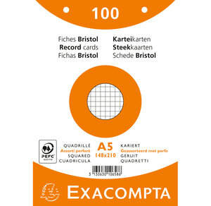 Paquet 100 fiches Bristol quadrillé 5x5 perforé - 148x210mm - Couleurs assorties x 10 EXACOMPTA