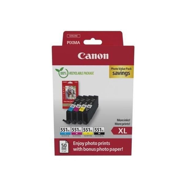 Pack de 4 cartouches d'encre 6443B008 Noir et couleurs Marque Canon + 50 Papier photo (6443B008)