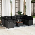 Canapé de jardin 10 pièces avec coussins en poly rotin noir