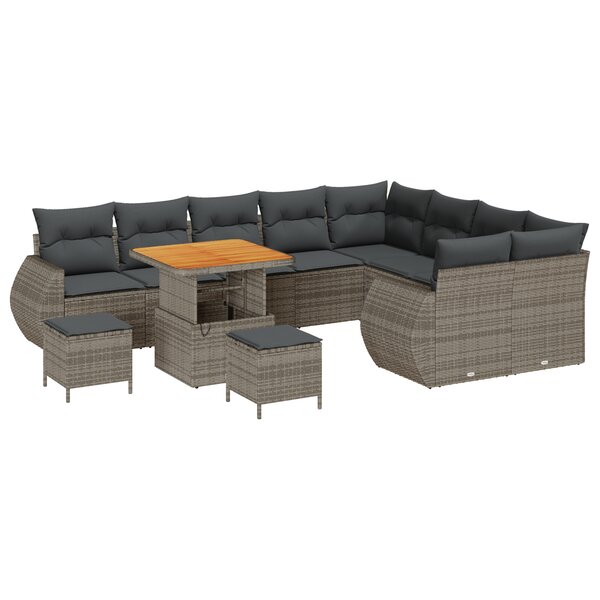 Ensemble de canapé de jardin 12 pièces avec coussins gris rotin polyéthylène acacia