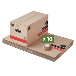 Pack and Move - Lot 10 Cartons Déménagement Premium - 60 X 25 X 25 Cm - Extrême Résistance 25 KG - Réutilisables - Double Épaisseur - Poignées Renforcées - 1 Adhésif Offert