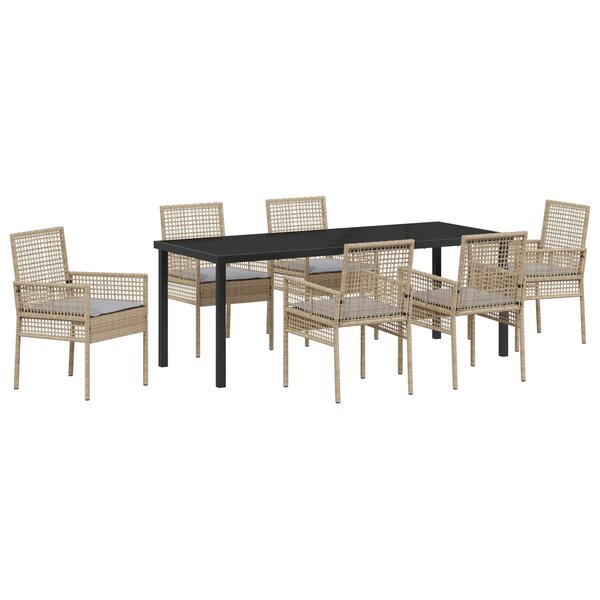 vidaXL Ensemble de Salle à Manger de Jardin 7 Pièces avec Coussins Beige Rattan Poly