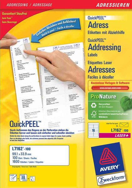 Étiquettes adresse quickpeel, 63,5 x 33,9 mm avery zweckform