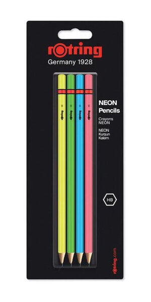 Rotring  set de 4 crayons en bois neon hb : vert  bleu  jaune et rose