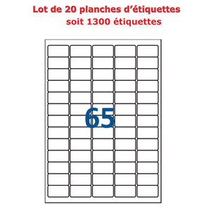 Lot de 20 Planches étiquettes autocollantes sur feuille A4 : 38 1 x 21 2 mm (65 étiquettes par feuille)
