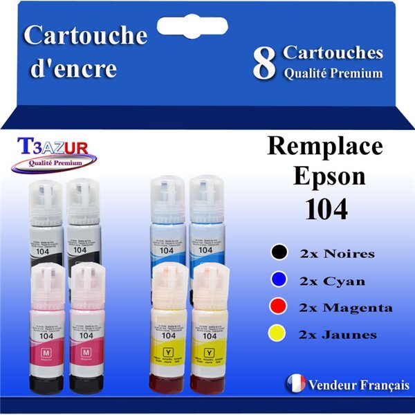 T3AZUR - 8x Bouteilles compatibles avec Epson EcoTank ET-2810  ET-2811  ET-2812  ET-2814  ET-2815