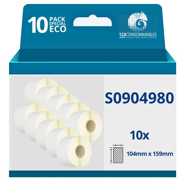 123CONSOMMABLES - Pack de 10 Rouleaux étiquettes compatibles avec DYMO LABELWRITER 4XL (S0904980) - 104 mm x 159 mm