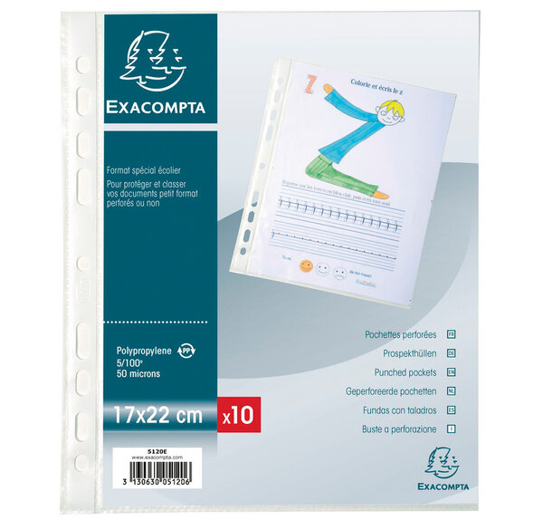 Sachet de 10 pochettes perforées polypropylène grainé format écolier 17x22cm EXACOMPTA