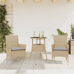 vidaXL Ensemble à manger de jardin et coussins 3 Pièces beige rotin verre