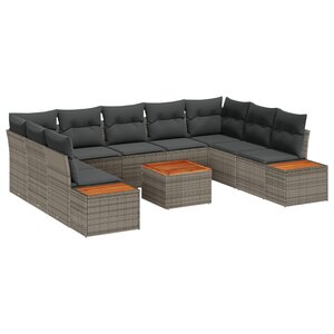 vidaXL Ensemble de Canapés de Jardin de 10 Pièces avec Coussins Gris en Poly Rattan Acacia