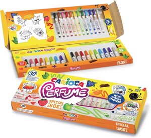 Carioca Parfum Pack de 30 Feutres Parfumés - 12 Pointe Moyenne  10 Maxi Pointe et 8 Maxi Pointe et Pointe avec Tampons - Idéal pour Dessiner et Colorier - Couleurs Assorties