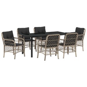 vidaXL Ensemble de Salle à Manger de Jardin 7 Pièces avec Coussins Rattan Poly Gris Clair