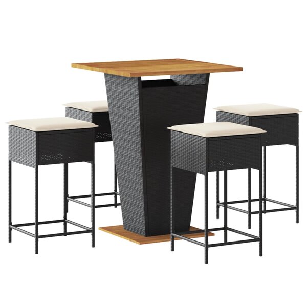 vidaXL Ensemble de bar de jardin 5 Pièces avec coussins noir poly rotin
