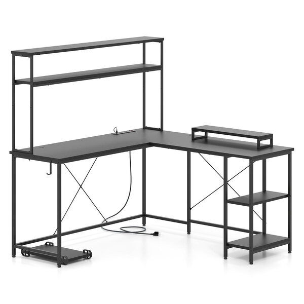 Bureau d'ordinateur en forme de L 145 x 145 x 147 cm avec bande LED et prises USB espace de travail moderne en MDF noir 20_0010877