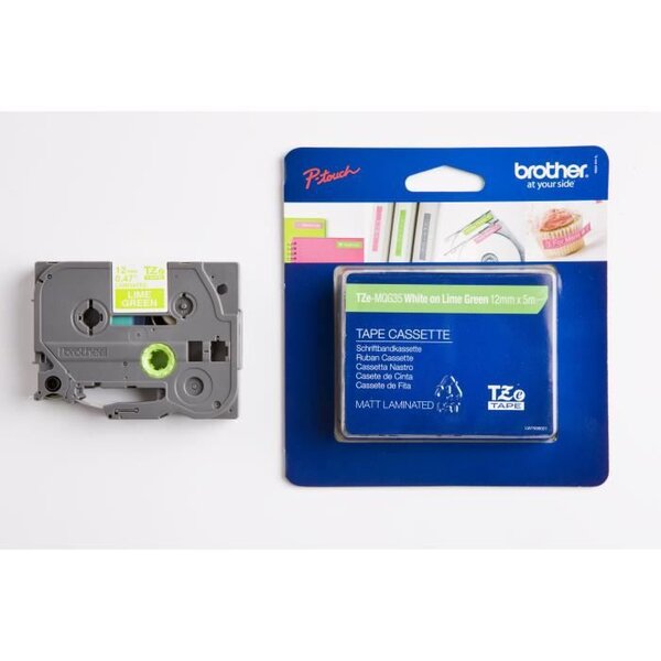 Brother - ruban tzemqg35 - 12mm blanc sur fond vert citron - qt 1