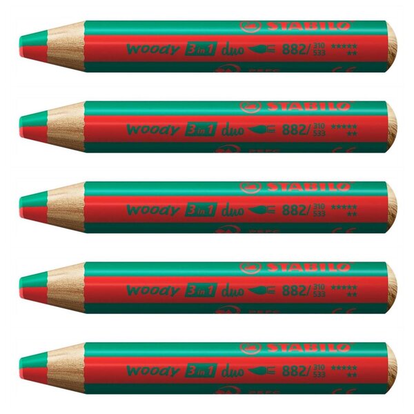 Crayon multi-talents woody 3 in 1 duo - rouge-vert foncé x 5 STABILO