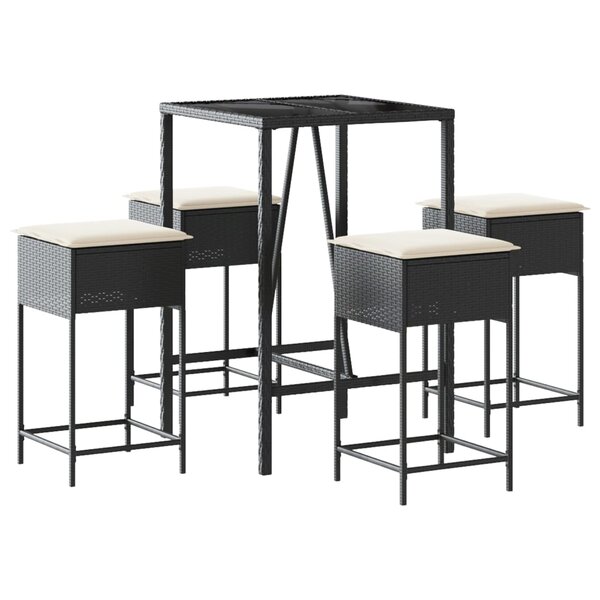 vidaXL Ensemble de bar de jardin 5 Pièces avec coussins noir poly rotin