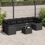 Set de canapés de jardin 8 pièces avec coussins en poly rattan noir