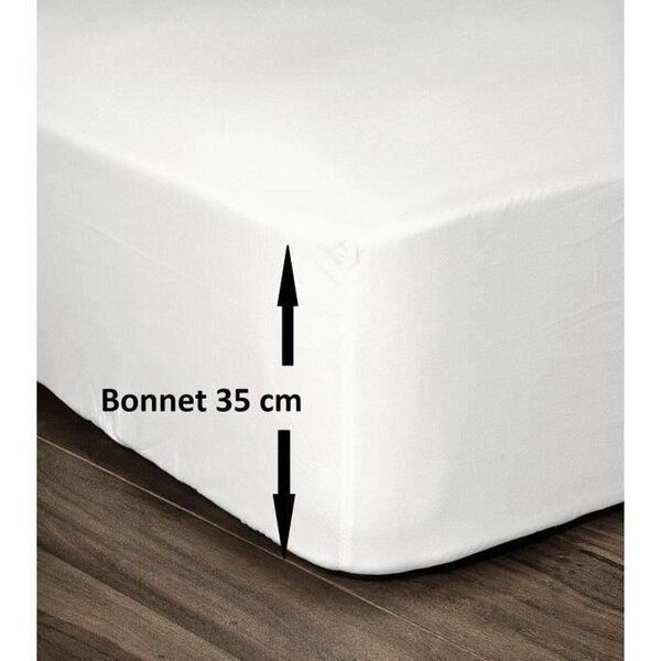 Drap housse 100 Coton 180 x 200 cm - Bonnet 35 cm - Blanc