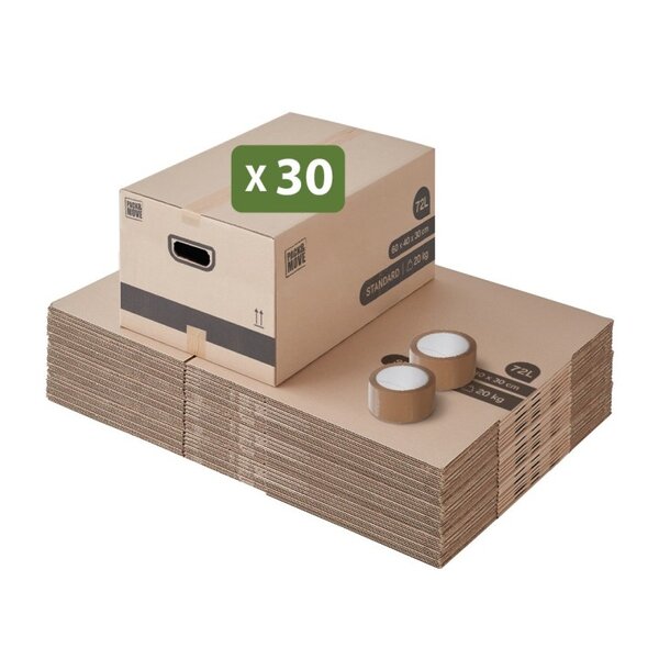 Pack and Move - Lot 30 Cartons Déménagement Stockage M - 60 x 40 x 30 cm - Poignées renforcées - 2 adhésifs offerts