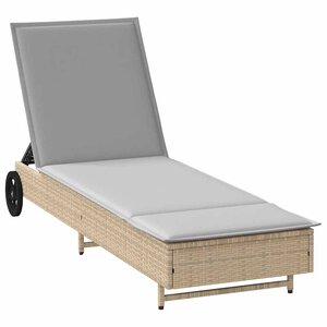 vidaXL Chaise longue avec roues et coussin beige résine tressée