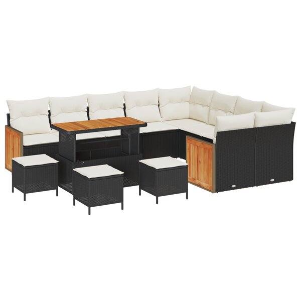 vidaXL Ensemble de jardin de 13 pièces avec coussins Noir Poly Rotin Acacia