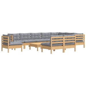 Salon de jardin meuble d'extérieur ensemble de mobilier 11 pièces avec coussins gris bois de pin solide 02_0015338