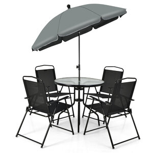 Ensemble salon de jardin 6 Pièces 4 chaises pliantes table basse en verre et parasol pour terrasse piscine cour noir 20_0002734