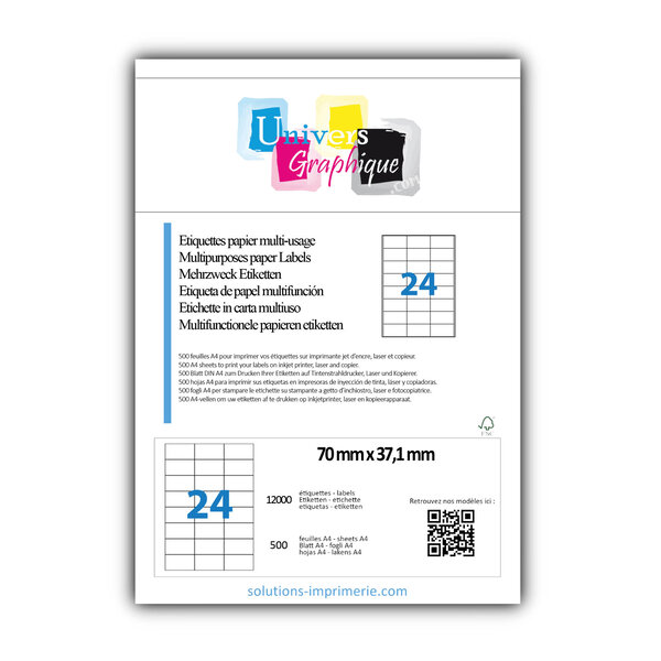 Lot de 500 planches a4 de 24 étiquettes à bords vifs 70 x 37 1 mm en papier blanc 70g/m² multifonction