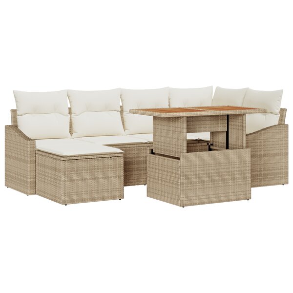 vidaXL Ensemble de salle à manger de jardin 7 pièces avec coussins Beige Poly Rotin Acacia