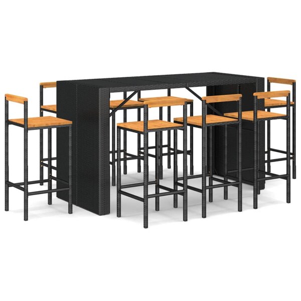 vidaXL Ensemble de bar jardin 9 Pièces noir poly rotin/bois massif acacia