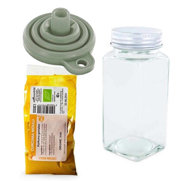 Flacon à épices poudreur + entonnoir + curcuma moulu 40 g