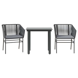 vidaXL Ensemble à manger de jardin et coussins 3 Pièces noir rotin verre