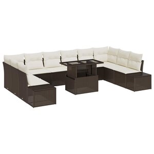 vidaXL Set de jardin 11 pièces avec coussins en poly rotin marron