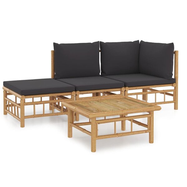 vidaXL Salon de jardin 4 Pièces avec coussins gris foncé bambou
