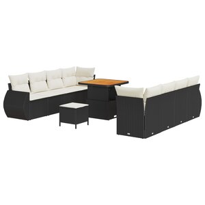 Ensemble de canapé de jardin 11 pièces avec coussins en poly rotin noir Acacia