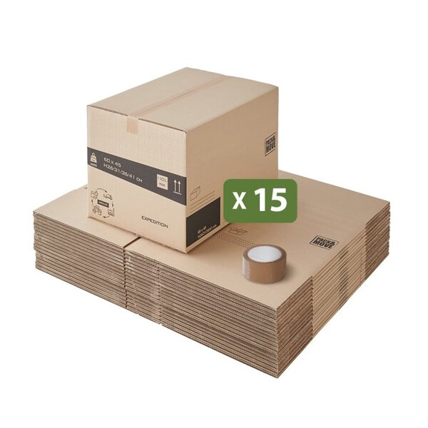 Pack and Move - Lot 15 cartons déménagement hauteur modubale : variable - 60 x 45 x 31-41 cm - Poignées renforcées - 1 adhésif offert
