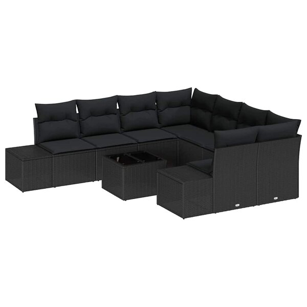 vidaXL Ensemble de canapé de jardin avec coussin 9 Pièces Noir polyrotin