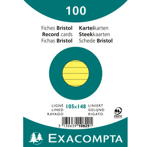 Paquet de 100 Fiches Bristol A6 jaune ligné. s/s film EXACOMPTA