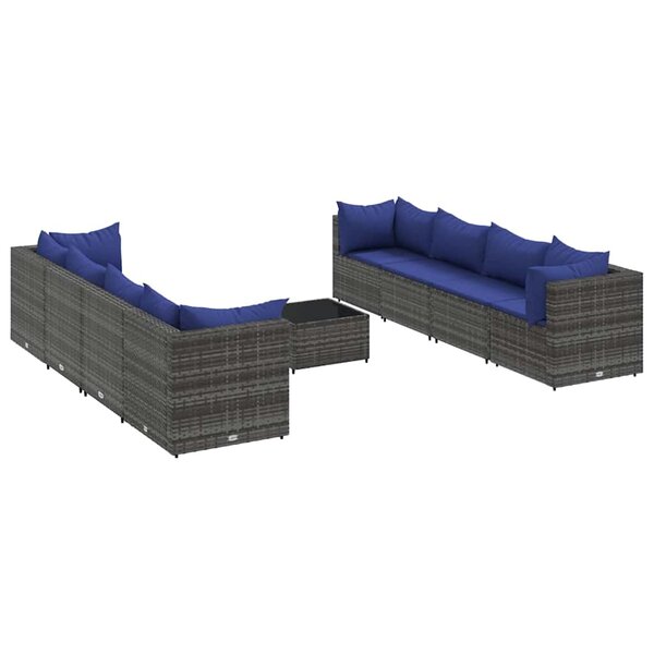vidaXL Salon de jardin 9 Pièces avec coussins Gris Résine tressée