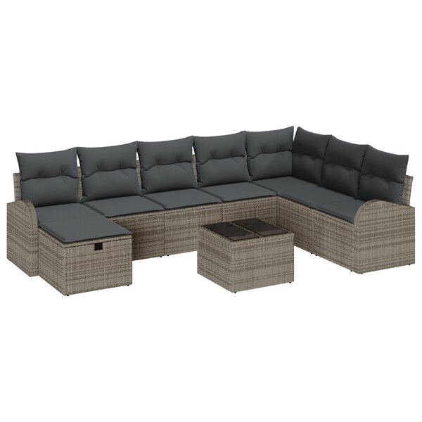 Ensemble de Canapé de Jardin de 9 pièces avec Coussins Gris Poly Rotin