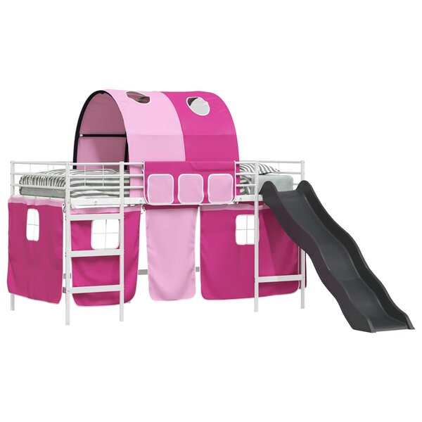 vidaXL Cadre de lit superposé pour enfants avec rideaux Blanc et rose