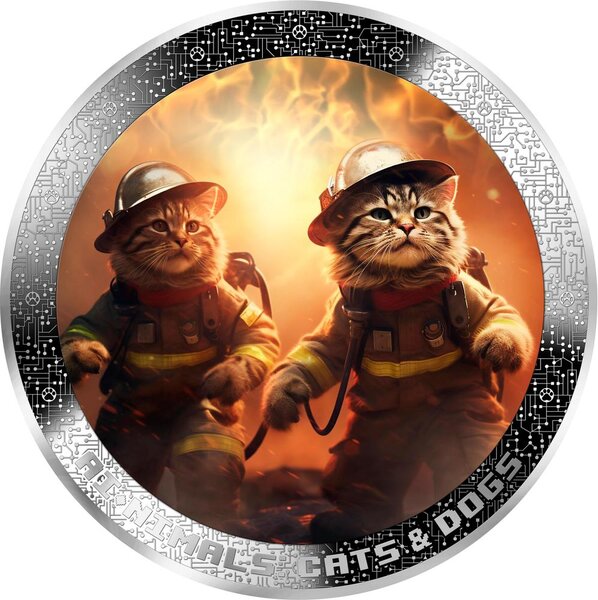 Monnaie FIREFIGHTER CATS AI-NIMALS Chats Pompiers 1 Oz Argent 1000 Francs Cameroon 2025 (PRÉCOMMANDE)