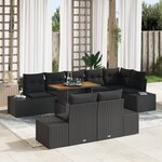 vidaXL Ensemble 9 pièces avec coussins Noir Poly Rattan Acacia
