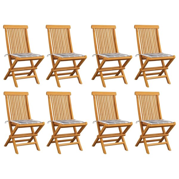 vidaXL Chaises de jardin et coussins à carreaux gris 8 Pièces Teck massif
