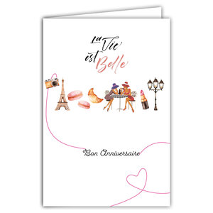 69-4511 Carte Anniversaire Le Vie est Belle en Rose pour Fille Femme élégante Tour Eiffel Paris Macarons Croissant Rouge à lèvres Illustration - Avec Enveloppe Format 12x17cm - Fabrication française