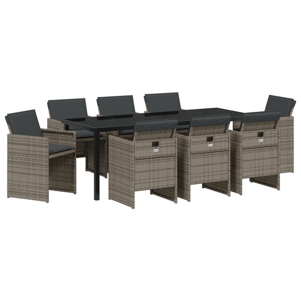 vidaXL Ensemble de repas de jardin de 9 pièces avec coussins en poly rattan gris