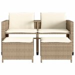vidaXL Canapé de jardin 2 places avec table et tabourets beige rotin